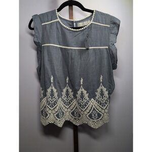 Blue‎ Cotton Womens Small Cream Eylet Lace Detail Crop Top Boho Peasant New